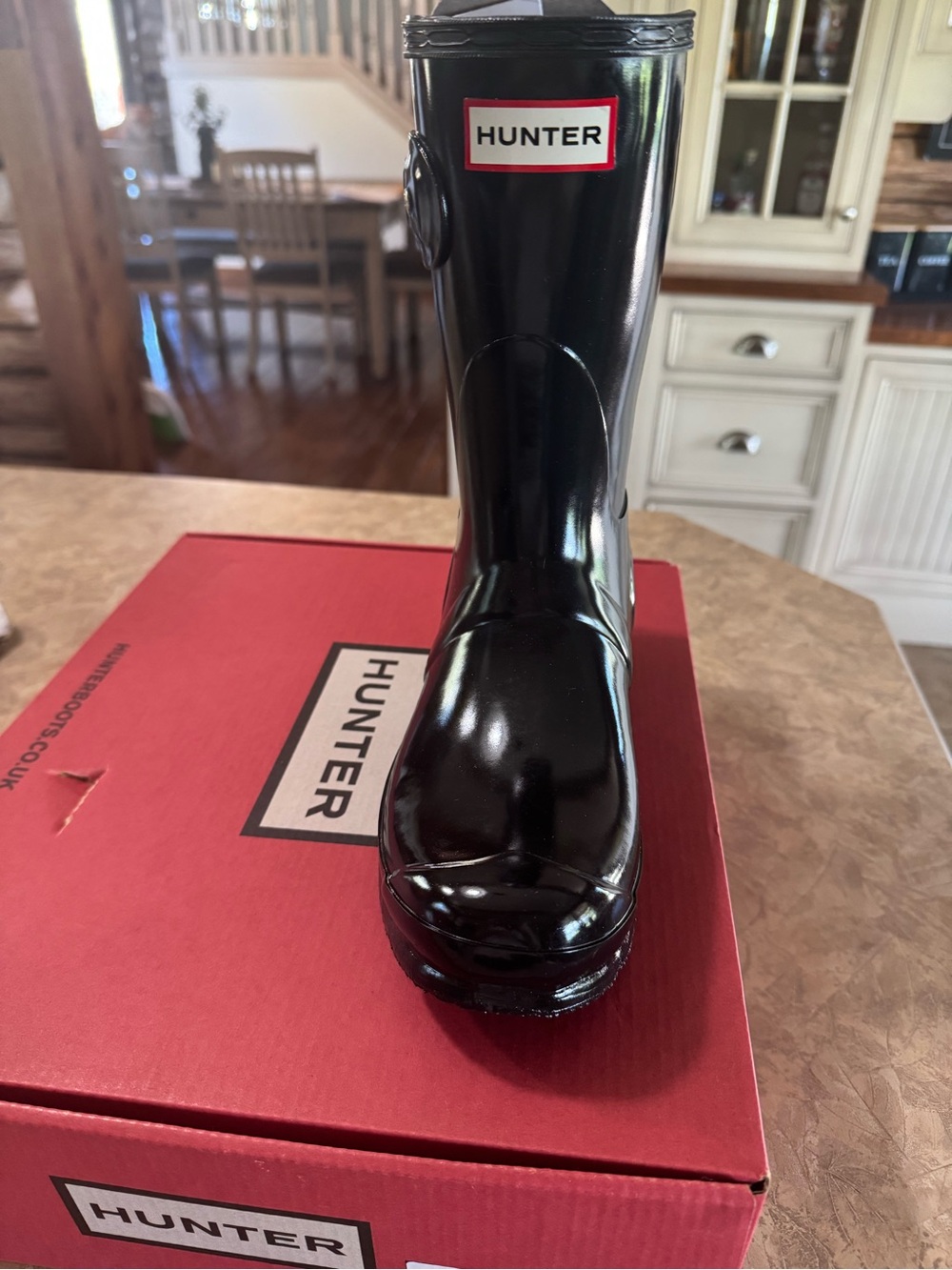 Hunter Men's Gloss Black Rain Boots with Red Logo Accent